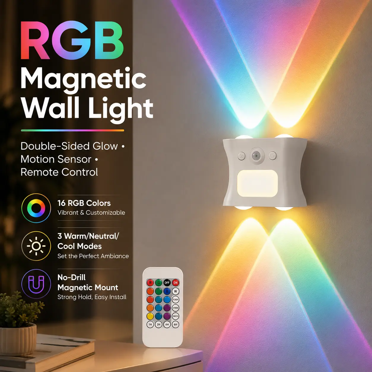 7-Color RGB Wall Light, Color-Changing LED Wall Sconce with Multiple Lighting Modes, Decorative Ambient Light for Bedroom, Living Room, Hallway & Home Decor