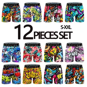 KJFISTMU 12-piece set of men's boxer briefs with stylish printed patterns, long-length men's boxer briefs, soft and breathable, trendy graffiti sports underwear, men's underwear, cycling shorts Men's Clothing Set Fabric Menswear