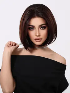 12 Inch Short Straight Bob Wig with Blunt Bangs, Gorgeous Fluffy for Women, Synthetic Wigs for Party, Daily Use, Blunt Cut Wig