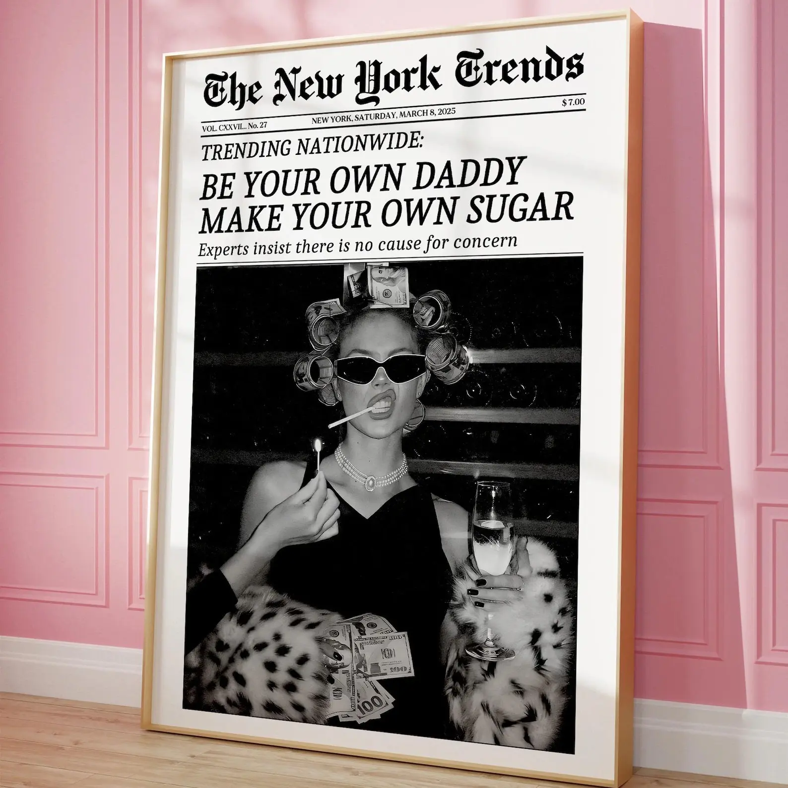 Trendy Newspaper Print, Feminist News Wall Art, Be Your Own Sugar Daddy New York Times Poster, Retro Bar Cart Art, Girl Dorm Room Decor