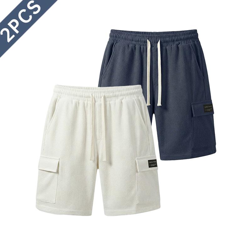 2-pack men’s athletic casual shorts, mid-length shorts for summer with a waffle texture, elastic waistband and drawstring; comfortable and breathable—ideal for the beach, outdoor hiking, everyday wear, and commuting.