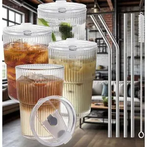 16oz Reusable Plastic Cups with Lids and Straws, 4-Pack Unbreakable Drinking Glasses, Clear Dishwasher Safe Tumblers for Iced Coffee, To-Go Beverage Containers, Leak-Proof Travel Cups
