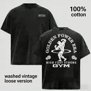 Vintage Washed Gym Graphic T Shirt for Men 100% Cotton Oversized Bodybuilding Fitness Tee Retro Muscle Workout Shirt Heavyweight Training Gymwear Casual Streetwear Summer Graphic Top Gift for Gym Lovers Menswear Tshirt Crewneck Tropical