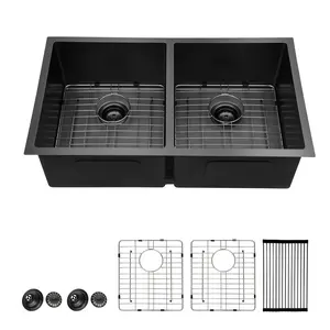 Lordear Double Bowl Black Kitchen Sink 16 Gauge Stainless Steel Undermount Kitchen Sinks Matte Gunmetal Black 50/50 Round Corner Sink 33x19x10 Inch