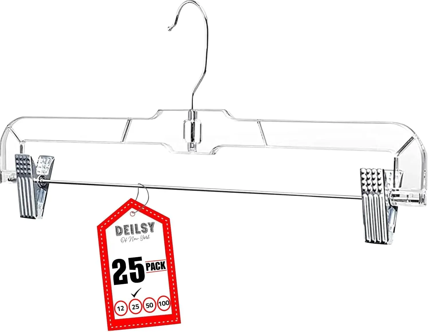 DEILSY Skirt Hangers Pants Hanger with Clips Hanger Shorts Clear Plastic Clothes with 2-Adjustable Clip Non-Slip Clothes Perfect for Pant, Pack of 25