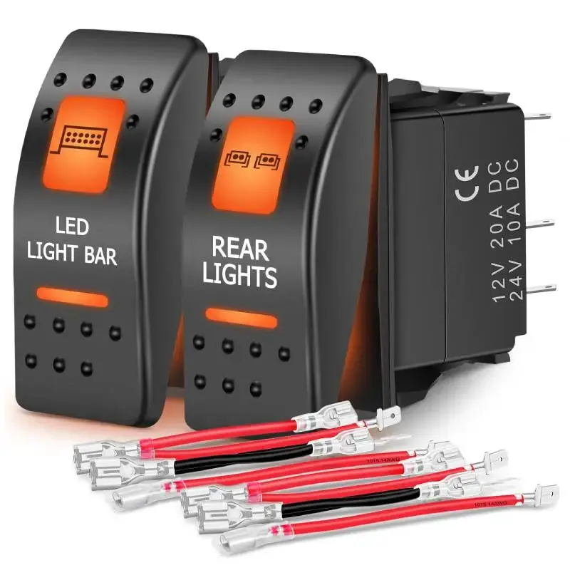 Nilight 5-Pin SPST On/Off Rocker Switch with Orange Backlit, ABS, 1.43in x 0.84in (2 Packs) - 1x 5-Pin Rear Lights Rocker Switch for UTV, ATV, Cars, Motorcycle, On/Off Control