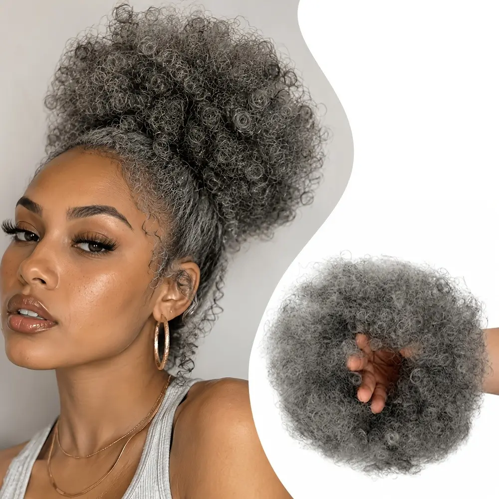 [Halloween] Thickened Extra Large Salt & Pepper Gray Afro Kinky Curly Hair Bun Scrunchie, Fluffy Voluminous Synthetic Hair Piece, Costume Hair Accessory for Halloween Party, Stage Cosplay, Daily Hip-Hop Outfit