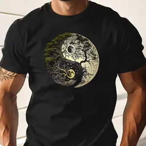 Men's Yin Yang Tree Symbol T-Shirt - Yin Yang Short Sleeve Round Neck Summer Casual Solid Color Tee for Yin Yang Symbol Men's Casual Attire Cultural Apparel (Non-) Male Casual Top 100% cotton