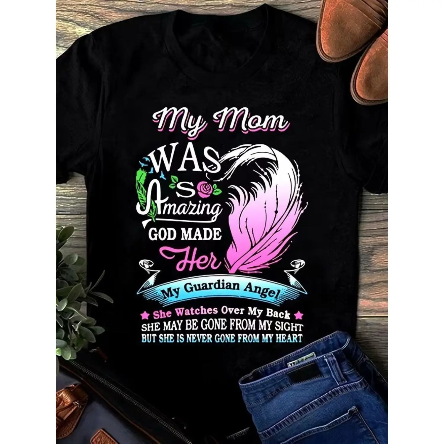Women's Cotton Short-Sleeve Guardian Angel T-Shirt, Crew Neck Casual Tops, Everyday Apparel, Comfortable Funny Graphic Tee, Mother's Day Gift Option, Shortsleeve, Printed
