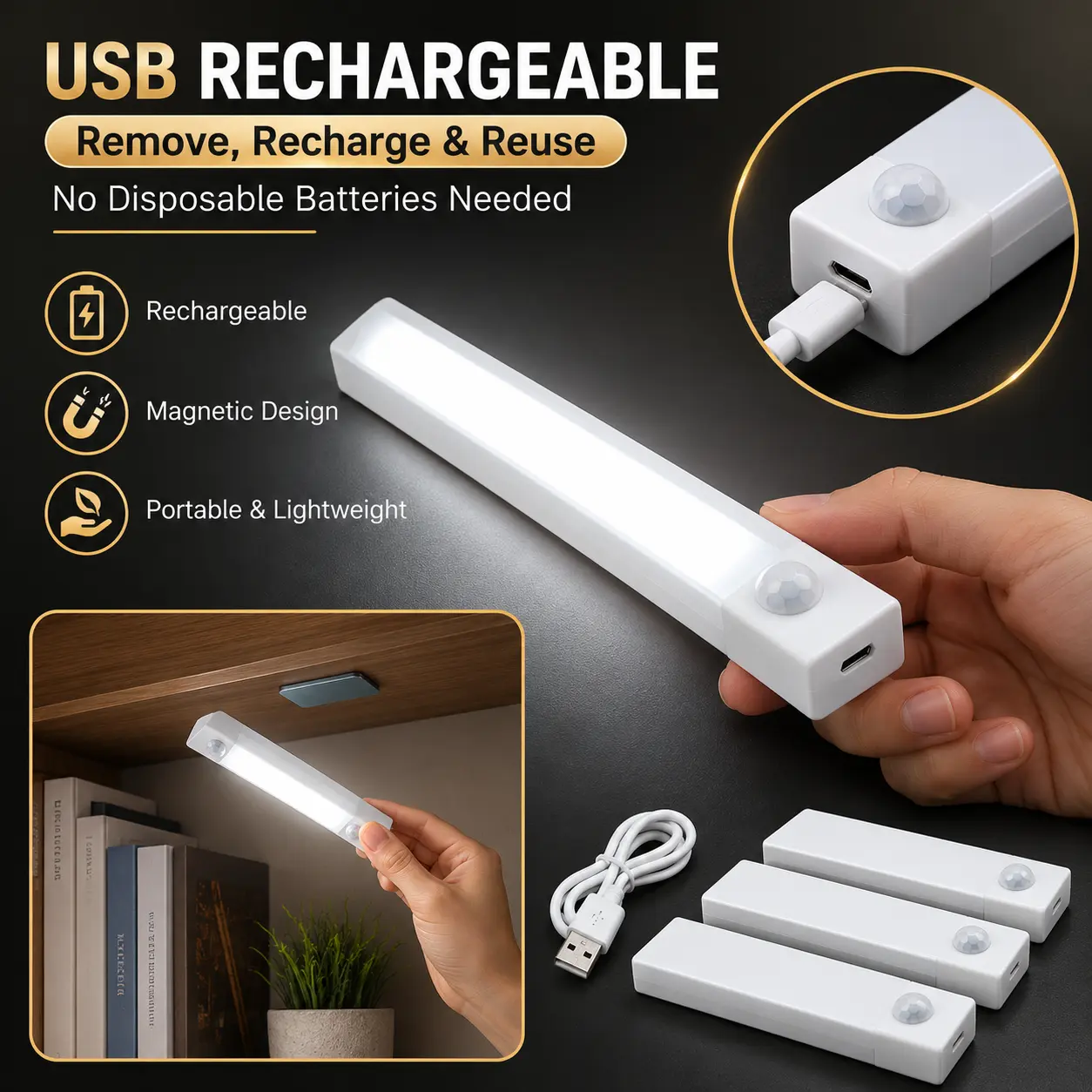 3 Pack 8.66 Inch Motion Sensor Under Cabinet Lights, USB Rechargeable Wireless Magnetic LED Closet Lights with 3 Brightness Levels, Cool White Night Lights for Kitchen, Closet, Stairs & Bedroom
