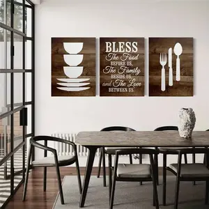 3pcs Rustic Farmhouse Kitchen Wall Art- "Bless The Food Before Us" Canvas, Elegant Dining Room Decor with Forks& Knives Design, Perfect for Home or Restaurant, Kitchen Wall Decor, Restaurant Wall Art, Vintage Aesthetic, Classic Design