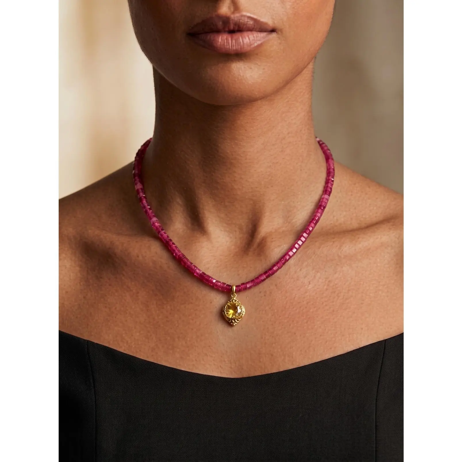 Raspberry Heishi Crystal Solitaire Necklace