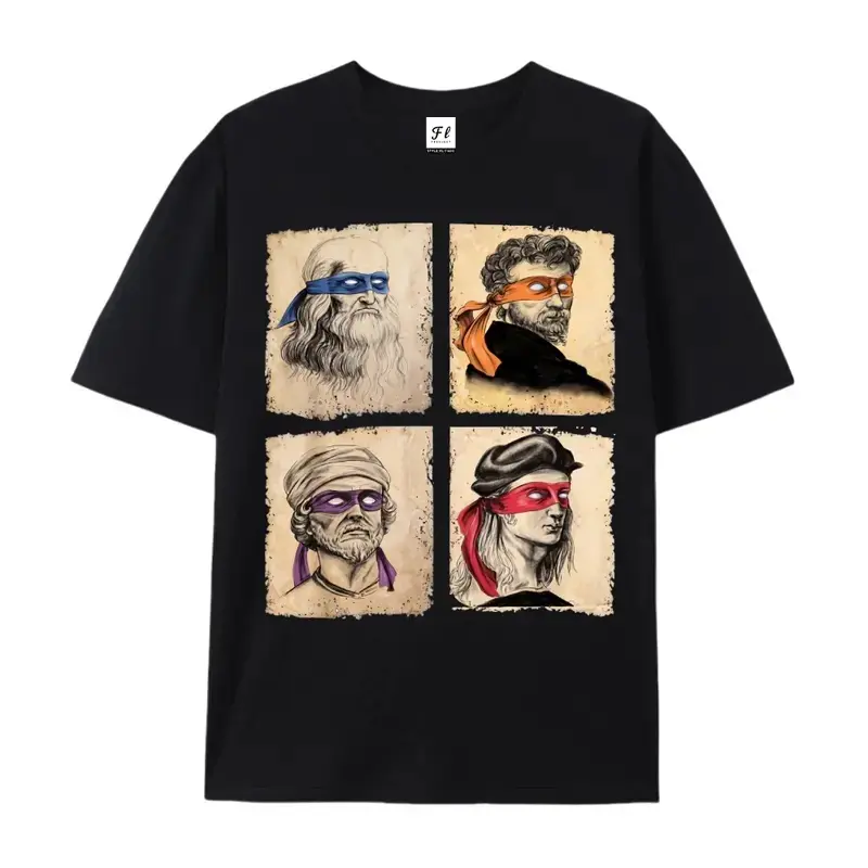 Men's Renaissance Artist Turtle Graphic Tee - Pure Cotton Whimsical Clothes, Graphic Tees Women, Vintage Y2K Cartoon Short Sleeve Oversized Casual Top, Gift for Art & Turtle Fans