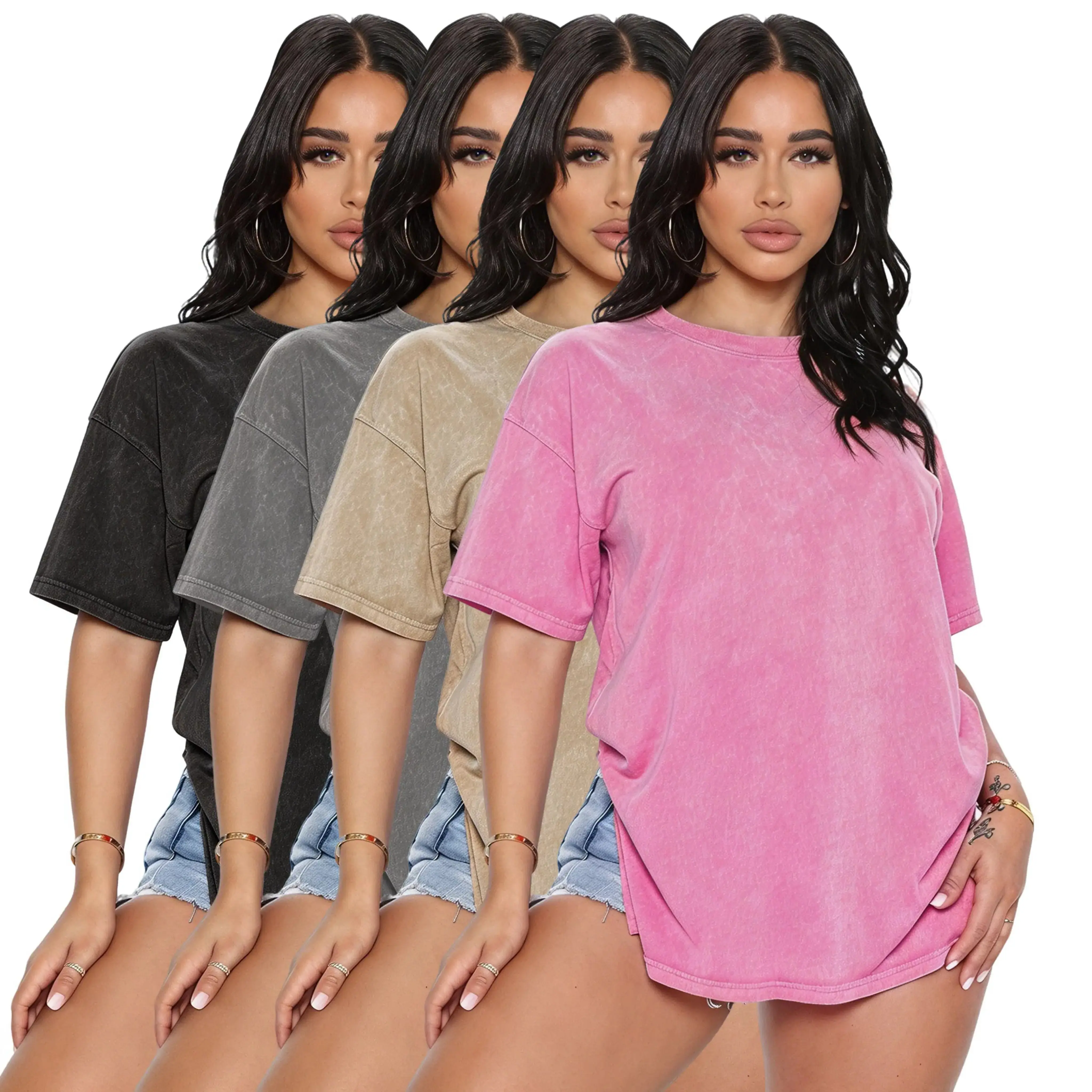 Women's 4-Pack Basic T-Shirts - Casual, Loose Fit, Solid Color, Distressed Wash, Short Sleeve, Crew Neck Tops for Daily Wear