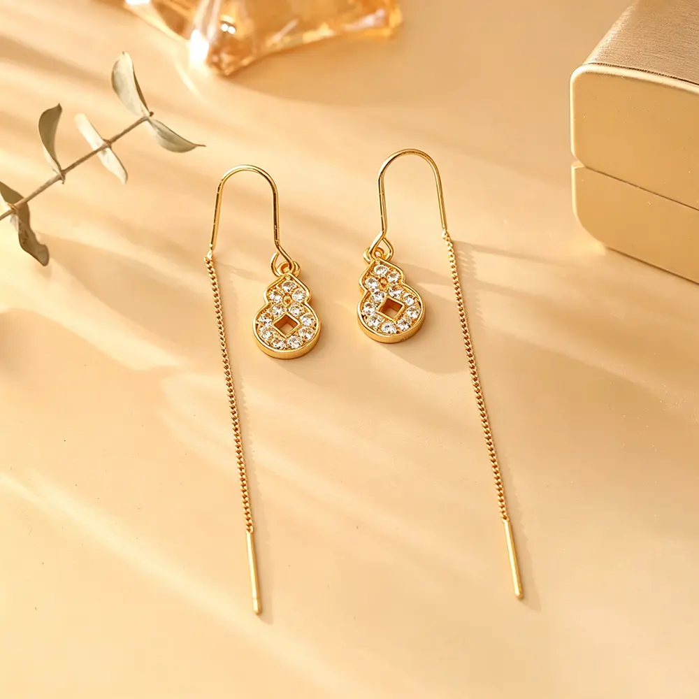 New Chinese Gourd Long Tassel Threader Earrings, Viral Sparkly Cubic Zirconia Fu Lu Lucky Dangle Ear Wire, Polished Gold Plated Slim Chain Drop Jewelry, Elegant Face Slimming Accessory For Women Daily Party