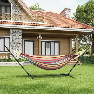 OP-Hammock with Heavys Duty  Stand – 500 LBS Capacity, Portable Hammock Set for Outdoors, Patio, Garden, and Camping – Premium Cotton & Polyester Fabric, Includes Carrying Bag(Yellow Rainbow Stripe)