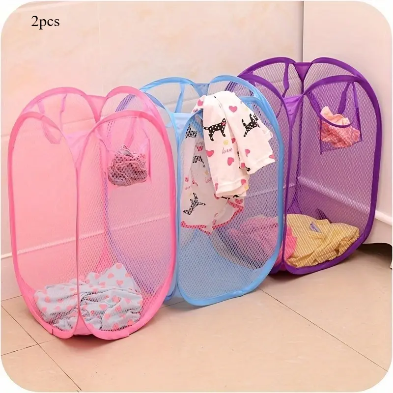 2pcs Pop-up Mesh Laundry Basket, Collapsible Portable Clothes Washing Laundry Hamper, Foldable Dirty Clothes Storage Basket, Home Socks UnderwearToys Sundries Storage Basket, Laundry Organizer