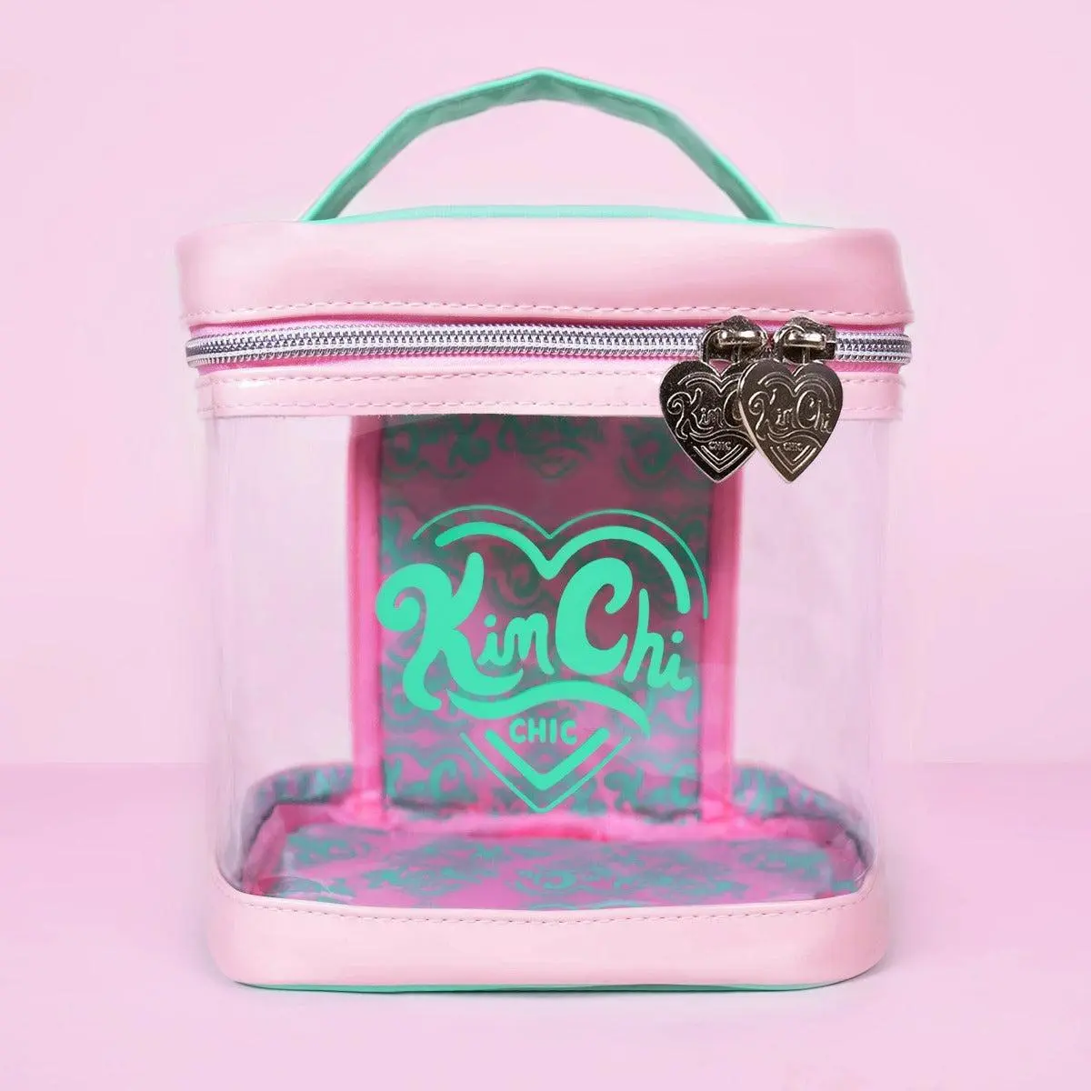 KimChi Chic Beauty Bag Square - Clear with Pink Vegan Leather Trim and Heart-shaped Zippers Makeup Pouch Cosmetic Pouch KimChi Chic Beauty Bag Square - Clear with Pink Vegan Leather Trim and Heart-shaped Zippers Makeup Pouch Cosmetic Pouch