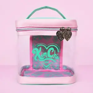 KimChi Chic Beauty Bag Square - Clear with Pink Vegan Leather Trim and Heart-shaped Zippers Makeup Pouch Cosmetic Pouch