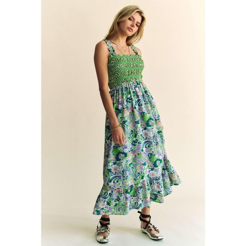 Davi & Dani Multi Smocked Bodice Geo Ruffle Strappy Midi Dress