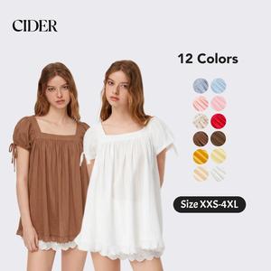 Cider Square Neck Solid Ruffle Knotted Short Sleeve Blouse - Casual Summer Top with Puff Sleeves and Fitted Fit SummerWins Dealsforyou