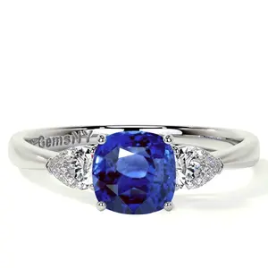 Square Cushion Blue Sapphire Three Stone Ring With Pear Shape Side Diamonds (1.54cttw)- RBS061-6X6-AAA