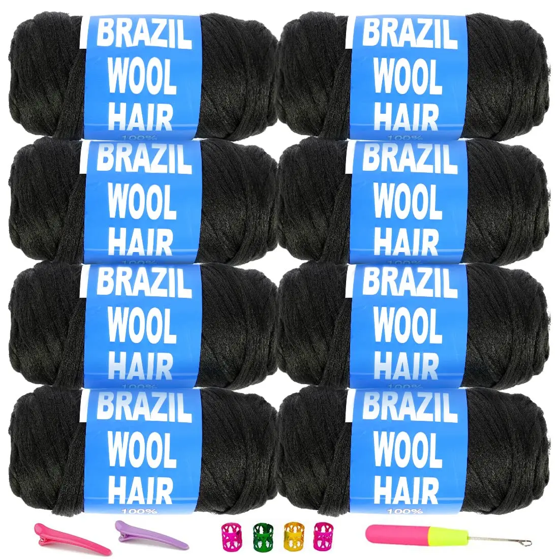 Brazilian  Hair Yarn for Braids  Brazilian  Hair  Yarn for  Braids/Spring Twist/Faux Locs/Wraps with Crochet Hook(8 Roll,  Black)