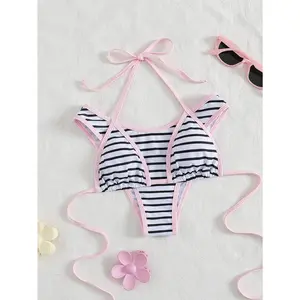Summer Vibe Alert!Black & White Striped Halter Bikini Swimsuit Set with Pink Trim - Viral Beachwear for Insta-Worthy Photos, Bikinis Sets, Contrast Trim Bikini