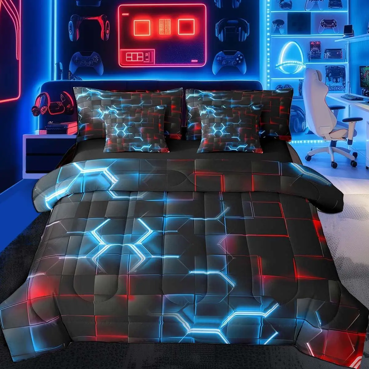 Blue and Red Bedding Set Honeycomb Comforter Set with Sheets 7 Piece for Kids Boys Girls DecorHexagon Theme Bed in a Bag Geometrical Beehive Bed Set