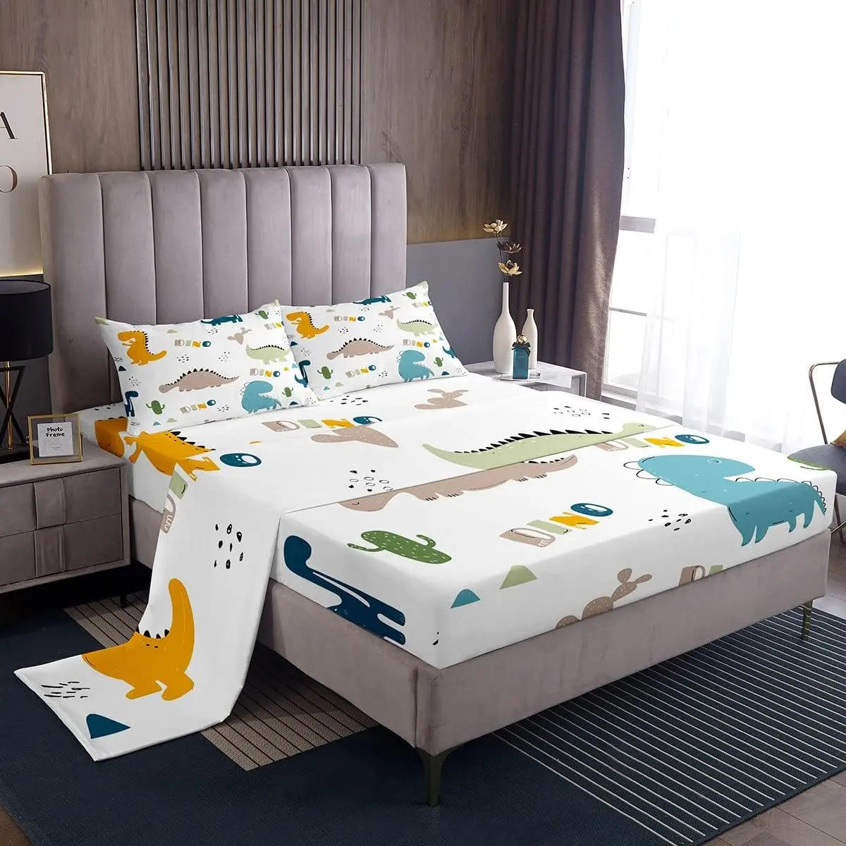 Feelyou Cute Dinosaur Bed Sheets Set - Soft, Breathable Deep-Pocket Fitted Sheet with Boho Jungle, Cartoon Cactus, Succulent Decor, Queen Size, Animal-Themed for Family & Kids, Ideal Gifts