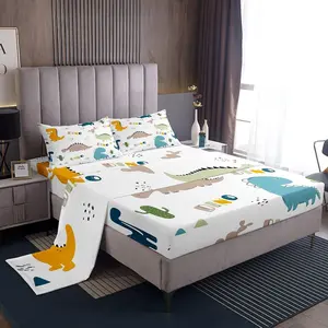 Cute Dinosaur Sheet Set,Cartoon Cactus Decorative Bed Sheets Set,Decor Jungle Dino Boho Succulent Sheets with Deep Pocket Fitted Sheet