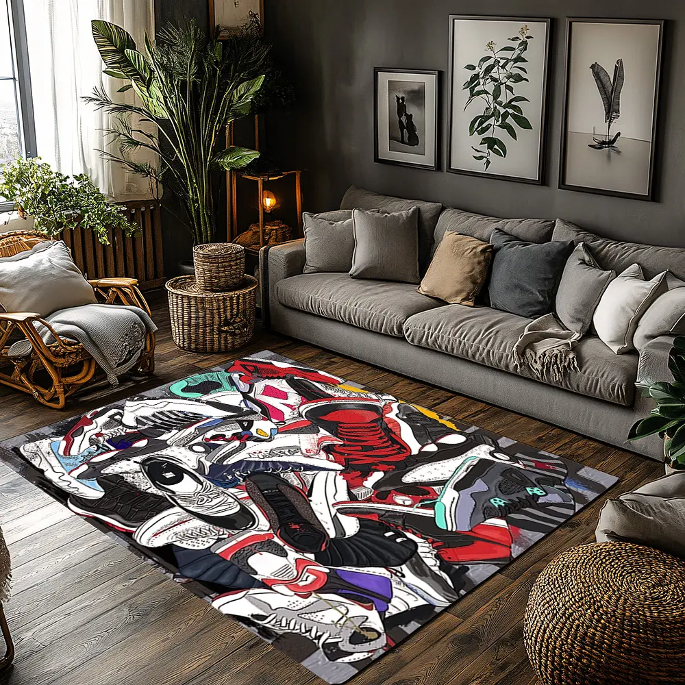 Red White Multicolor Sneaker Collage Crystal Velvet Area Rug Non-Slip Living Room Rug Modern Area Rug #SneakerCollageRug #StreetHomeDecor #GraffitiSneakerCarpet #FashionAreaRug #CrystalVelvetRug