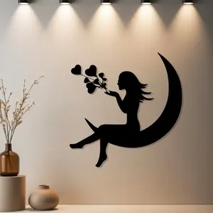Housewarming Gift, 1pc Moon Girl Metal Wall Decor, Metal Wall Art, Statue Mural with Finish - Ideal Gift for Fall Decor, Wedding, Birthday, Holiday Season - Metal Wall Sculptures for Bedroom