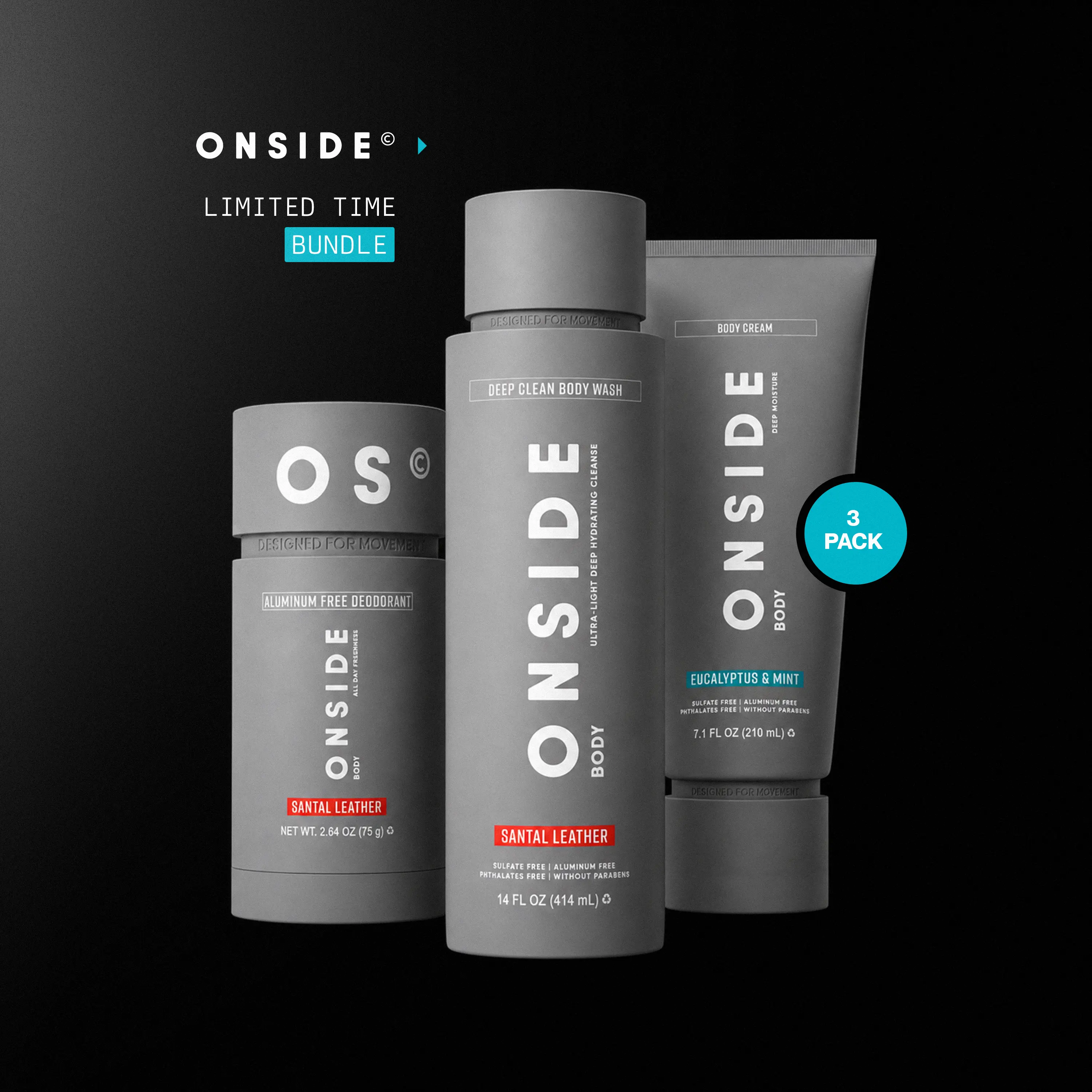 ONSIDE Men's Care Bundle | Aluminum Free Deodorant, Deep Clean Body Wash, Body Cream