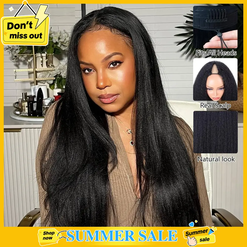 STERLY V Part Kinky Straight Human Hair Wig Yaki Straight Human Hair Wigs Upgrade U part Wig No Leave Out 12A Glueless Kinky Straight V Shape Clip in Half Wig No Glue No Sew Beginner Friendly 180% Density Wig #tiktokshopsummersale
