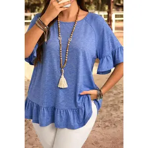 Dusk Blue Ruffled Short Sleeve Plus Size Casual Blouse