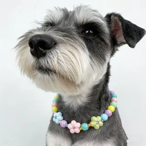 1PC Cute Sweet Dog Necklace, Macaron Color Pet Necklace, Handmade Beaded Cat Collar, Adjustable Cat Necklace, Flower Decoration, Small Pets