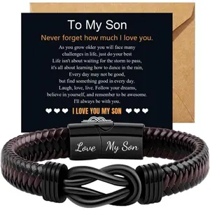 Forever Linked Together Braided Leather Bracelet Stainless Steel Infinity Knot Bracelets with Greeting Cards Lettering Love You Forever Birthday Christmas Gifts for Man Son Husband Boyfriend Dad Grandson