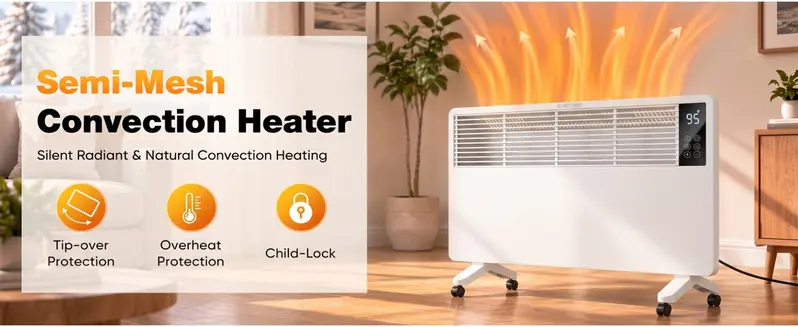 1500W Fan-Free Convection Space Heater with Thermostat, ECO Mode, 6-Layer Safety Protection, Freestanding/Wall-Mountable Electric Heater for Indoor Use