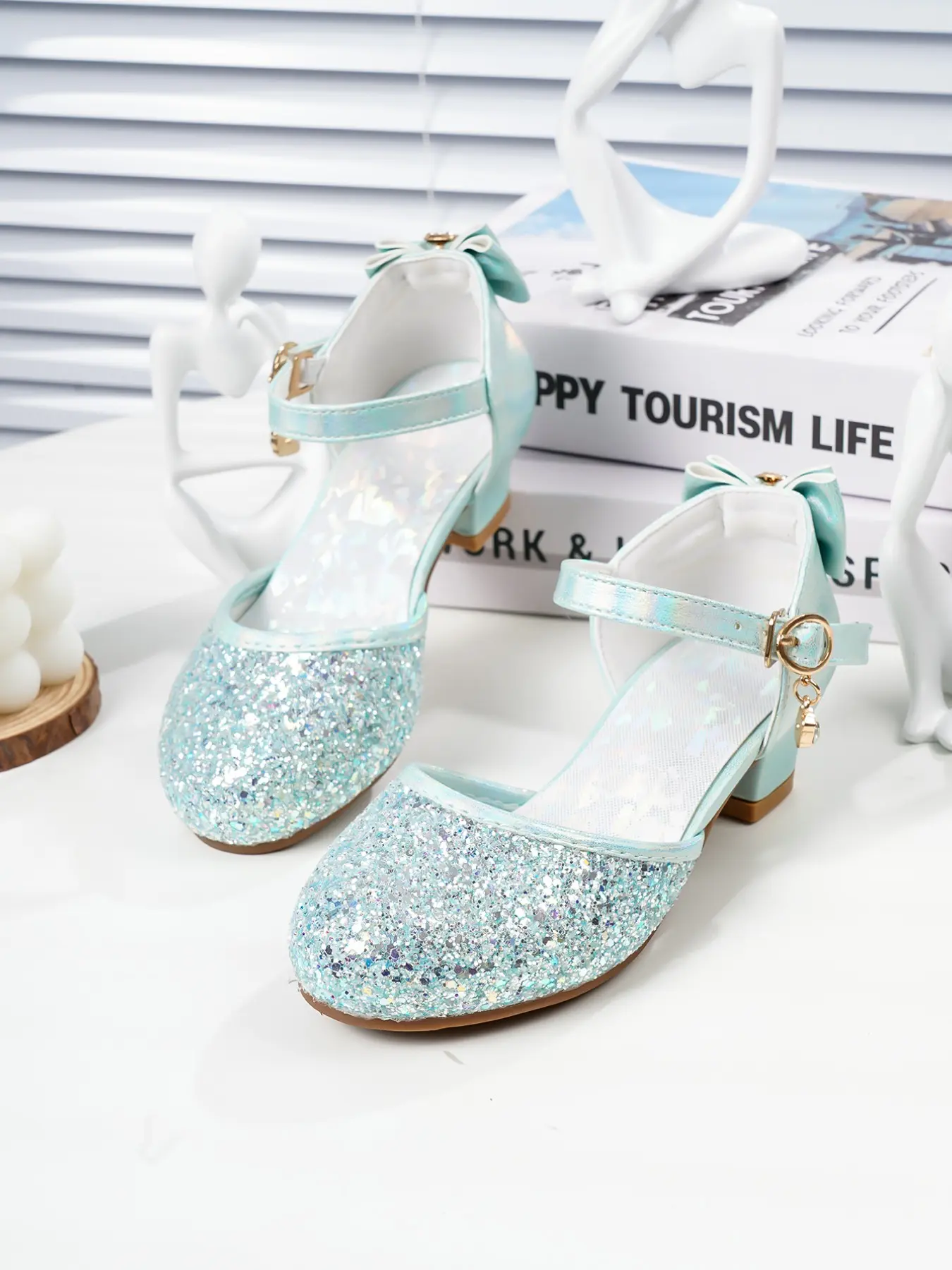 Girls' High Heel Shoes, Middle School Student Performance Shoes, Korean Style Rhinestone Sequins, Glitter Bow Princess Shoes