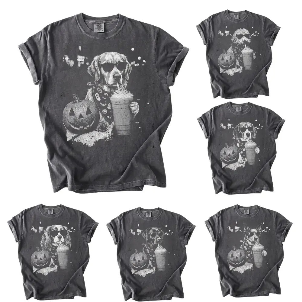 Comfort Colors 50+ Dog Breed Pumpkin Spice Latte Dog Shirt, Vintage Dog Lover Tee Spooky Season Fall Coffee Graphic