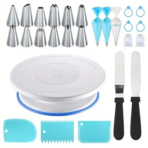 Cake Baking Set Non-Slip Bar Rotating Platform Icing Bag Converter, Straight & Curved Spatula Icing Nozzle Set for Perfect Results Pastry Decorating Tools