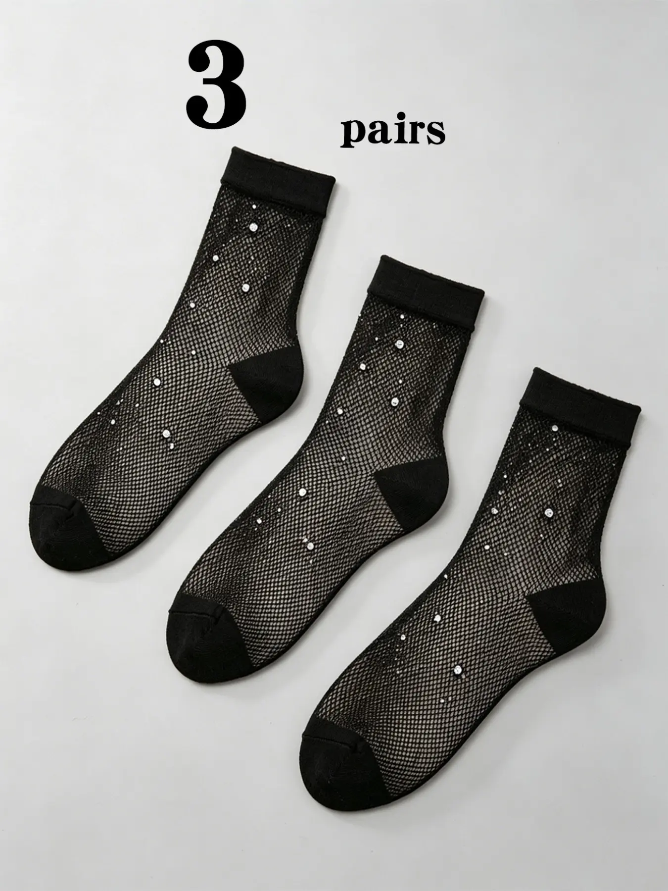 Random 3 Pairs Starry Rhinestone Fishnet Mid-Calf Socks, Fashionable and Stylish Footwear Accessory, Perfect for Daily Wear
