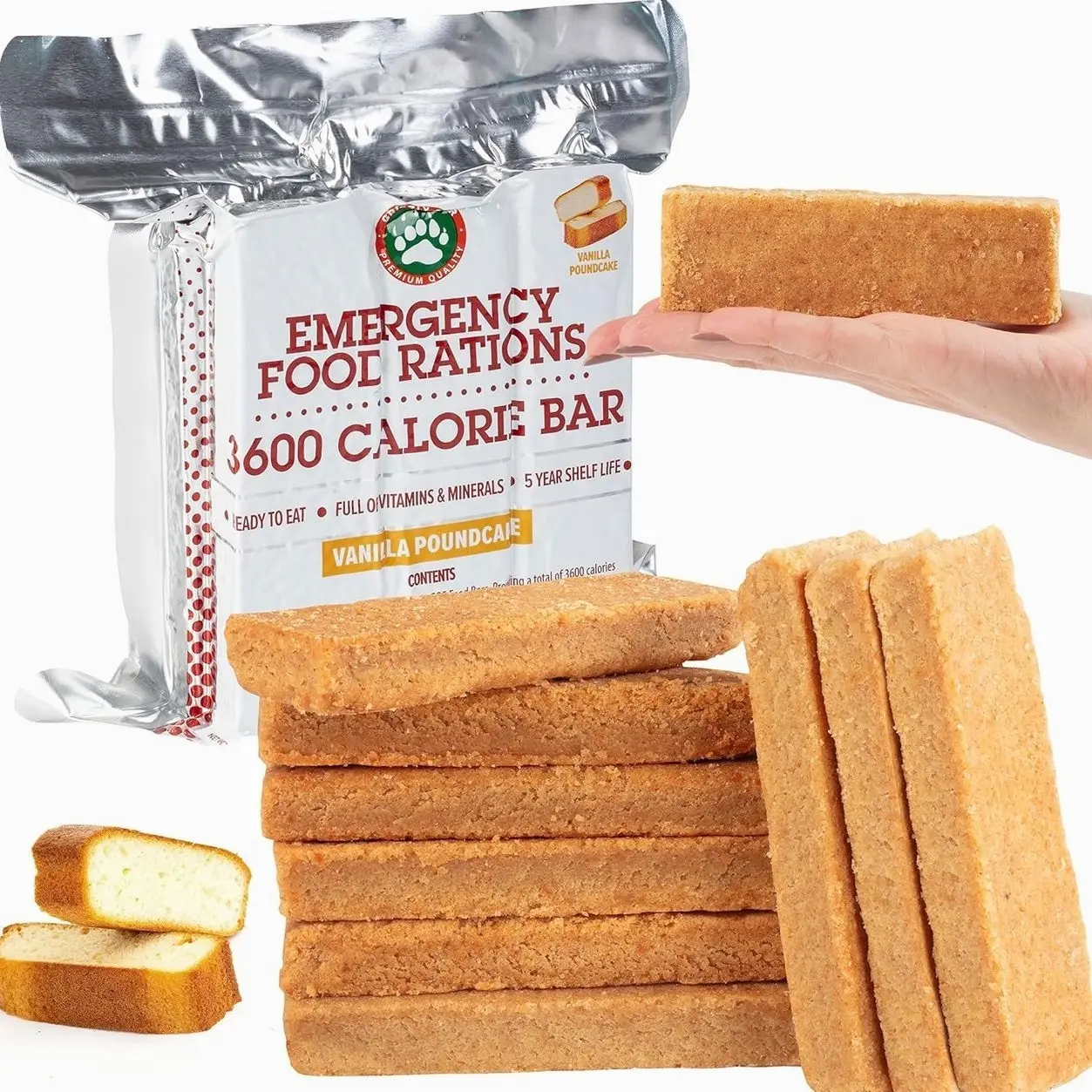 Grizzly Gear Emergency Food Rations- 3600 Calorie Bar (Vanilla Poundcake) - 3 Day, 72 Hour Ready To Eat Supply For Disaster, Hurricane, Flood Preparedness - Non Thirst Provoking - 5 Year Shelf Life