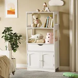 SIKAIC Freestanding Kitchen Pantry, White Wooden Multifunctional Storage Cabinet with Microwave Drawer, Indoor Kitchen Organization Furniture