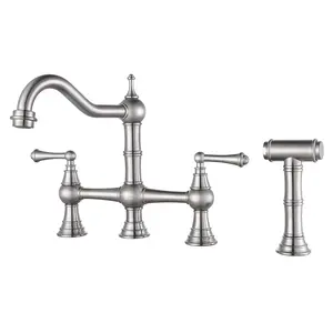 WOWOW 8 inch Centerset Bridge Kitchen Faucet with Brass Side Sprayer Classic Heritage Deck-Mount Kitchen Sink Faucet, Brushed Nickel kitchen faucets