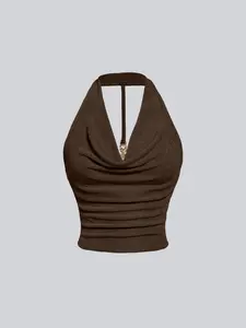 Women's Summer Halter Neck Top Womenswear: Deep Cowl Neckline, Open Back with Metallic Buckle Detail. Elegant Versatile Swimwear Cover-Up Fabric in Solid Colors - Perfect for Beach Days and Casual Outings