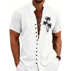 2025 Summer Short Sleeve Men's Coconut Trees Print Casual Shirt, Stand Collar Button Up for Outdoor Activities