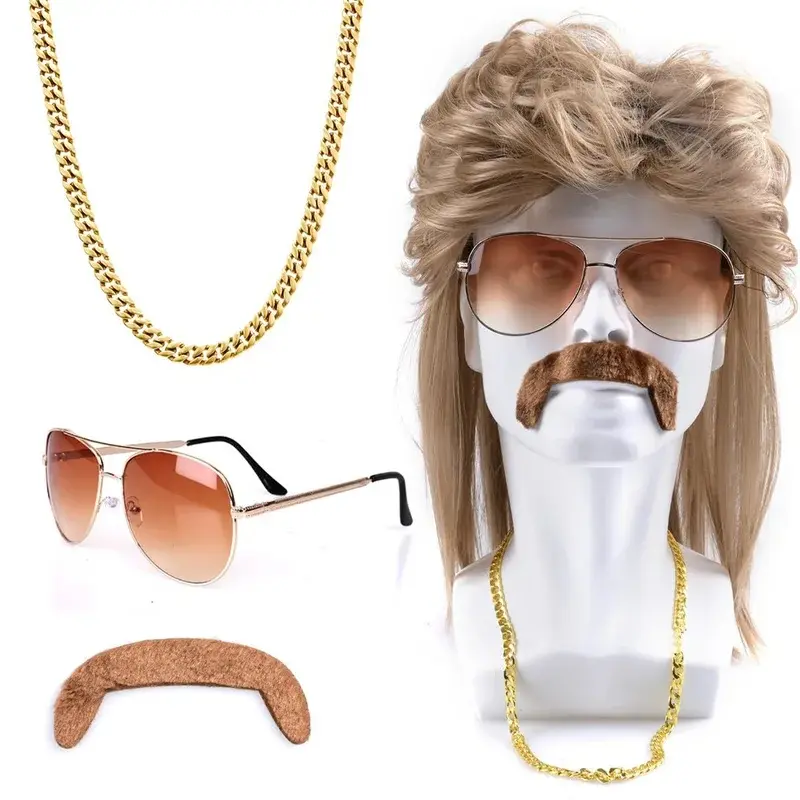 New 80s Disco Synthetic Wig Set Golden Brown Wigs Sunglasses Gold Chain Mustache for Men Retro Rock Halloween Party Fancy Accessory