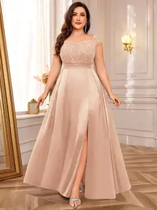 MISSMAY P54362A Plus Size Off Shoulder Sequin Insert Lace Satin Elegant Split Thigh Prom Formal Party Dress, New Year Dress, Wedding Guest Dress, Homecoming Dress, For Birthday, Dinner, Graduation, Festivals